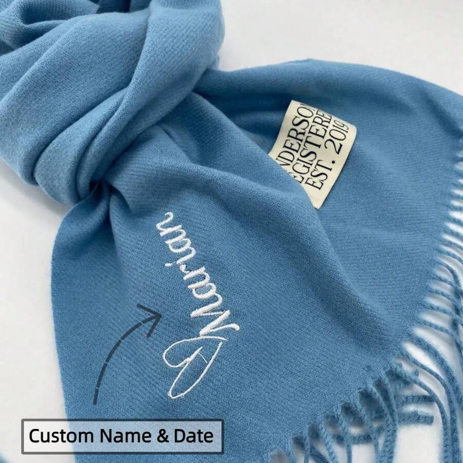 Customizable Embroidered Solid Color Faux Cashmere Scarf, Women Unisex Tasseled Warm Shawl Wrap, Mid-Length