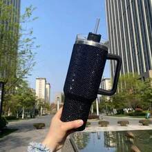 1pc 40oz/1200ml Stainless Steel Rhinestone Tumbler With Handle And Straw Lid - Reusable, Sparkly Gift For Women - Modern Rhinestone Decor Cup With Flat Bottom - Hand Wash Only - Multicolor - View 15