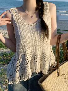 镂空针织吊带披肩，度假风无袖上衣 - 杏色 - 查看 2