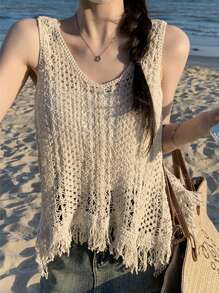镂空针织吊带披肩，度假风无袖上衣 - 杏色 - 查看 3