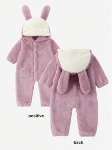 1 件毛绒连帽连体裤，适合秋冬季，柔软温暖的女孩家居服，长袖兔耳设计服装，圣诞节、万圣节、新年礼物 - 紫色連身衣 - 查看 2