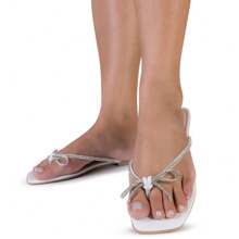 Women's Flat Sandals Low Heel Flip Flops With Rhinestone Bow Shiny Soft Lightweight Everyday - trắng - Xem 1