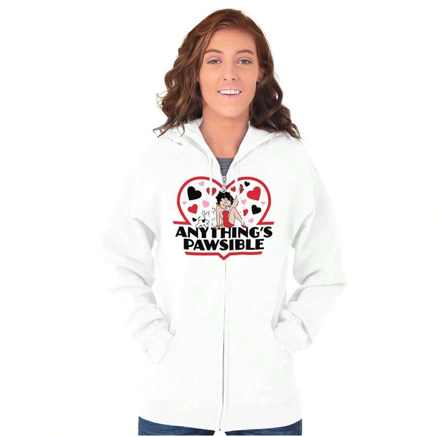 Betty Boop Anythings Possible Pun Zip Hoodie Sweatshirt Women - White - View 1