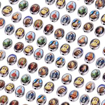 30pcs/Pack Oval Shaped Double Sided Religious Figure Print Enamel Alloy Beads, 10*8mm, Virgin Mary & Jesus Beads For Bracelets And Necklaces