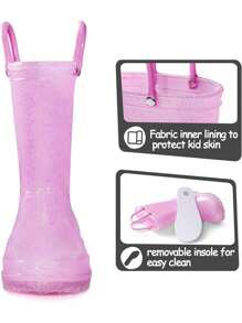 Kids Rain Boots Girls' Glitter Waterproof Pull-On Rain Boots With Easy-On Handles - Hồng - Xem 4