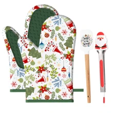 4 件装圣诞烘焙套装，节日硅胶烘焙工具套装包括 2 个硅胶贴片烤箱手套、1 个可爱的不粘硅胶刮刀和 1 个便携式圣诞老人小夹厨房钳，厨房糕点烹饪用具套装，用于烧烤、烘焙、烹饪、上菜、户外烧烤 - 彩色 - 查看 10