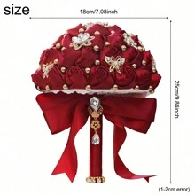 大型奢华心形蝴蝶仿珍珠新娘捧花，金色水钻缎带玫瑰，酒红色布艺永生花。情人节配饰