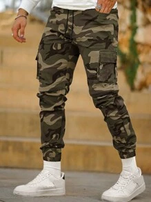 Pantalones cargo casuales de camuflaje con múltiples bolsillos para hombre, para el otoño - Verde - Ver 2