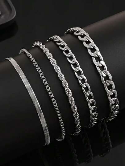 5pcs/Set Men Stainless Steel Simple Stylish Chain Bracelet, For Daily Wear