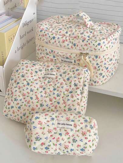 1 件/套花卉图案旅行化妆包，1 件多功能化妆品收纳包手提包沐浴淋浴钱包袋便携式化妆品刷收纳包带拉链封口，可装口红、刷子、护肤品、手机、硬币、小物品，适合居家、旅行、度假和学校使用