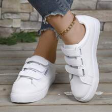 New Casual Hook And Loop Flat Shoes, Solid Color Four Seasons, Teenagers Boys & Girls, Versatile, Breathable, Comfortable, Soft Sole, Outdoor, Fashionable, Small White Shoes