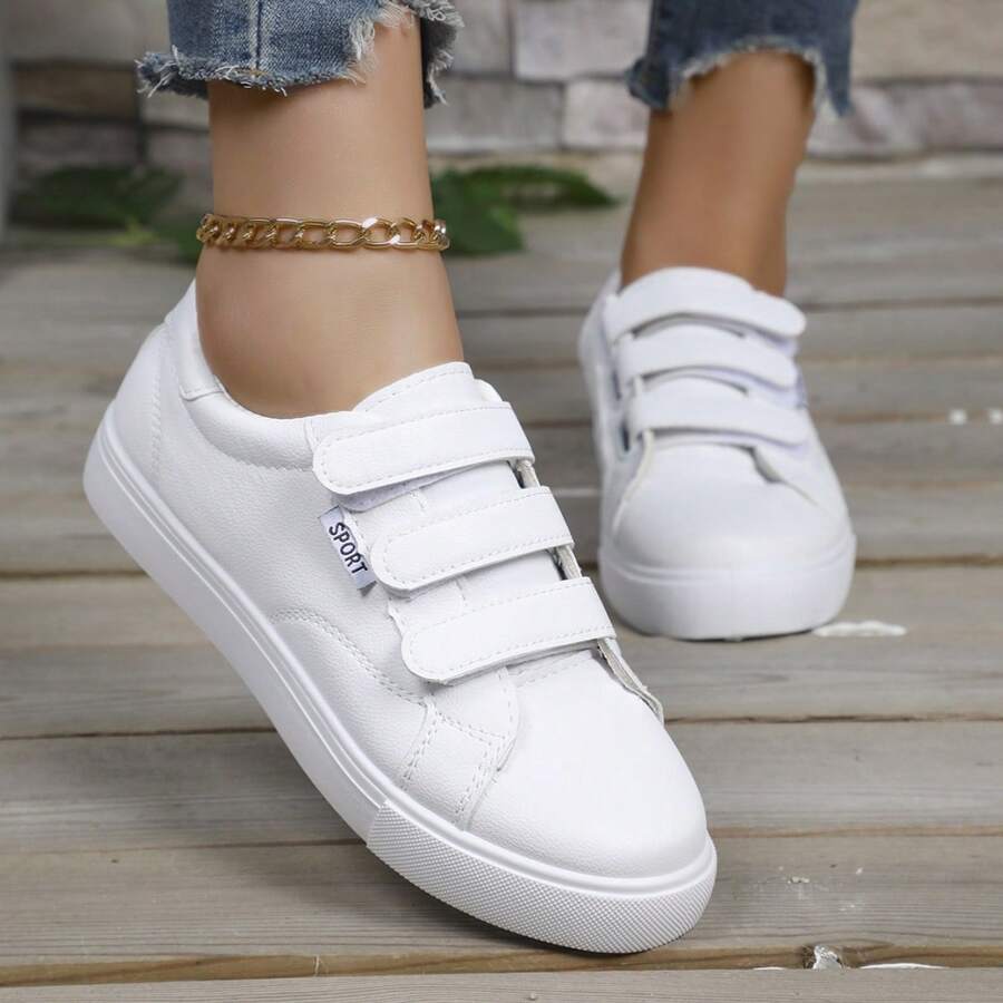 New Casual Hook And Loop Flat Shoes, Solid Color Four Seasons, Teenagers Boys & Girls, Versatile, Breathable, Comfortable, Soft Sole, Outdoor, Fashionable, Small White Shoes