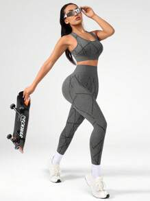 女士印花瑜伽弹力露背背心和紧身裤 2 件套，运动 - 深灰色 - 查看 5