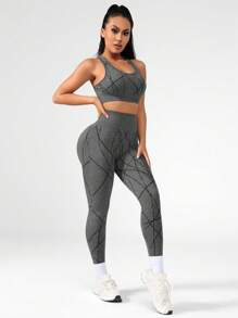 女士印花瑜伽弹力露背背心和紧身裤 2 件套，运动 - 深灰色 - 查看 7