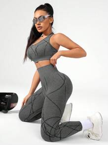 女士印花瑜伽弹力露背背心和紧身裤 2 件套，运动 - 深灰色 - 查看 6