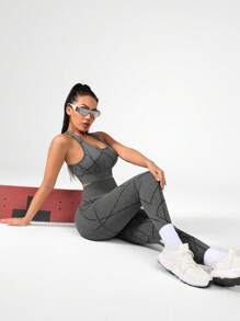 女士印花瑜伽弹力露背背心和紧身裤 2 件套，运动 - 深灰色 - 查看 2