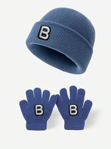 2 Stück Kinder gestrickte Mützen Set mit 26 Buchstaben, weiche warme windabweisende Handschuhe, geeignet für 3-8 jährige Mädchen und Jungen für den täglichen Gebrauch im Herbst und Winter.