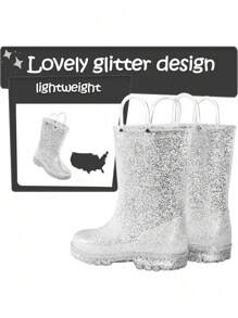 Kids Rain Boots Girls' Glitter Waterproof Pull-On Rain Boots With Easy-On Handles - Bạc - Xem 2