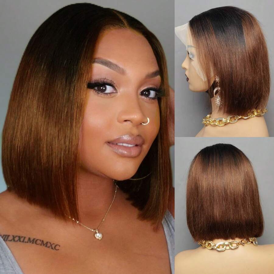 Mix Brown Bob Wig Human Hair 13x4 Transparent Lace Front Wigs Human Hair Pre Plucked With Baby Hair Pre Colored Ombre Brown Wig For Women 150% Density - T1B/F4 - 查看 1