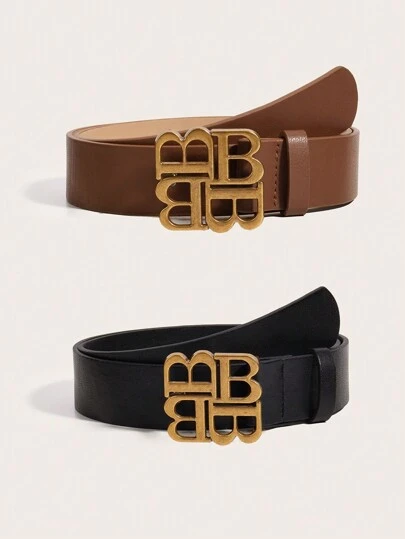 2条字母印花纯色皮带，休闲PU皮材质，带扣，适合圣诞节、万圣节、夏季、秋季、上学等季节。