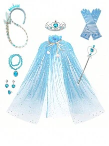 Ice & Snow Themed Party Costume Set Includes: 1 Star Cape, 1 Heart Magic Wand, 1 Rhinestone Crown, 1 Necklace, 1 Pair Of Earrings, 1 Ring, Suitable For Theme Parties, Birthdays (Multiple Colors) - Multicolor - View 14
