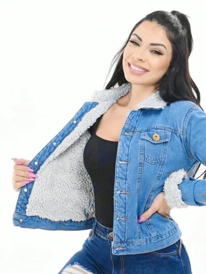 Jaqueta Jeans Feminina Clara Forrada Em Pelúcia Pelinhos