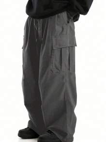 男士纯色简约休闲阔腿直筒裤，大口袋，秋季 - 灰色 - 查看 1