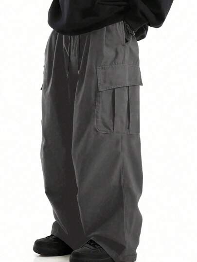 男士纯色简约休闲阔腿直筒裤，大口袋，秋季