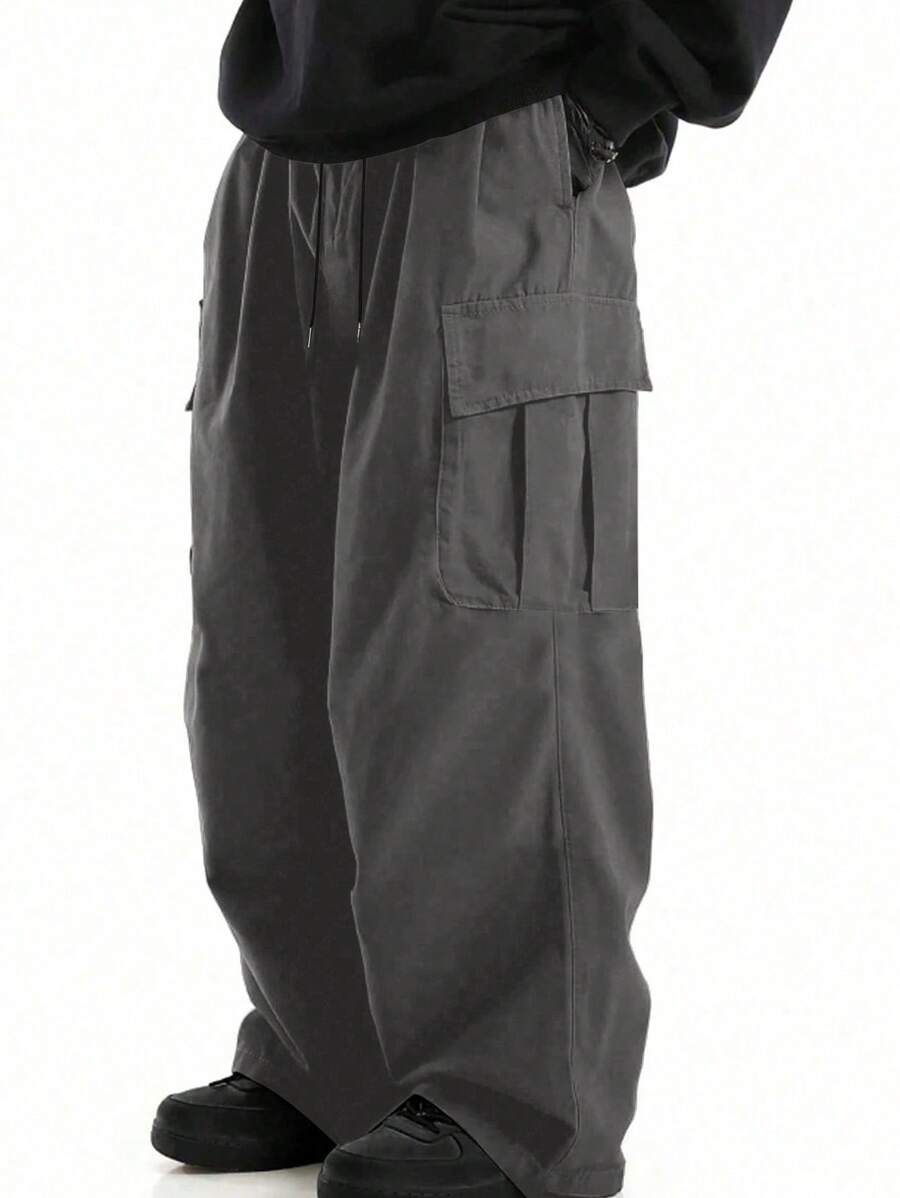 男士纯色简约休闲阔腿直筒裤，大口袋，秋季 - 灰色 - 查看 1