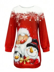 女士优雅雪人印花长款束腰运动衫连衣裙，新品秋冬款，长袖上衣 - 紅色 - 查看 2