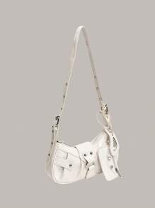 In The Summer Of 2025, The New Drawstring Women's Bag Fashion Bucket Bag Rivet Motorcycle Bag Three Pieces Wide Strap Crossbody Bag - 白色 - 查看 3