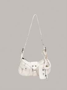 In The Summer Of 2025, The New Drawstring Women's Bag Fashion Bucket Bag Rivet Motorcycle Bag Three Pieces Wide Strap Crossbody Bag - 白色 - 查看 1