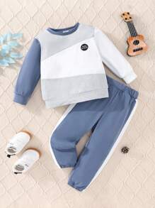 2pcs/Set Young Boy Colorblock Long Sleeve T-Shirt And Casual Pants, Spring Autumn - Multicolor - View 1