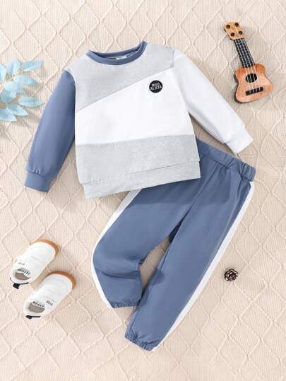 2pcs/Set Young Boy Colorblock Long Sleeve T-Shirt And Casual Pants, Spring Autumn
