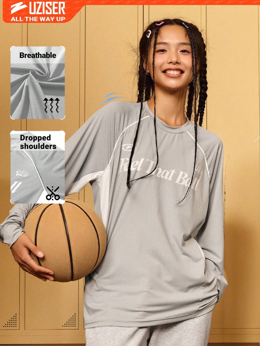 UZISER 基本训练健身跑步宽松轻便快干女式吸湿排汗字母图案插肩袖拼布圆领套头衫 - 淺灰色 - 查看 1