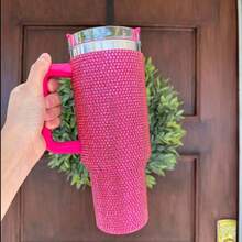 1pc 40oz/1200ml Stainless Steel Rhinestone Tumbler With Handle And Straw Lid - Reusable, Sparkly Gift For Women - Modern Rhinestone Decor Cup With Flat Bottom - Hand Wash Only - Multicolor - View 18