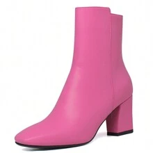 Women Chunky High Heel Ankle Boots Side Zipper Bootie Square Toe Pink GoGo Boots For Party Wedding Bridal Bridesmaid Short Boots - Hot Pink - View 7