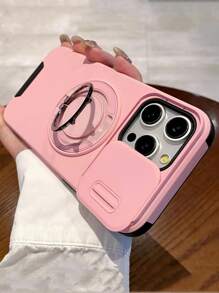 粉色军用级防震软硅胶单件装滑动窗口指环支架无线充电手机壳，适用于 17 Air 16 15 14 13 12 11 Pro Max Plus，软硅胶后盖，春季礼物/生日礼物 - 粉色 - 查看 2