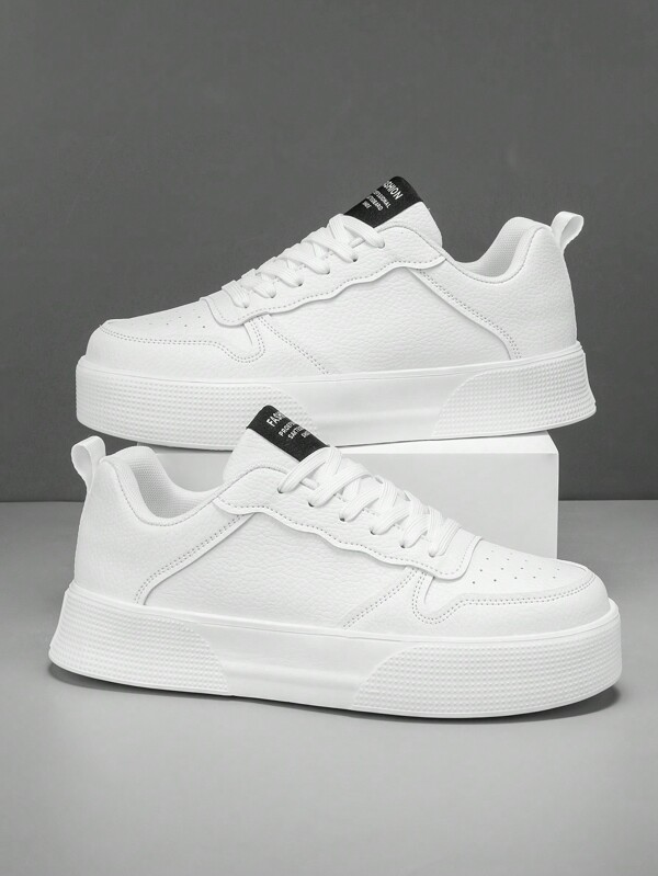 New Flat-Soled Men's Sneakers, Men's Solid Color Front Lace-Up Skate Shoes, Outdoor Minimalist Round Toe Casual Elevating Sports Shoes