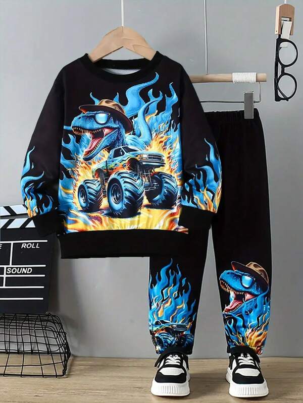 2pcs/Set Young Boy Knitted Sweatshirt & Car Dinosaur Print Suit, Sporty Outfit For Spring And Autumn