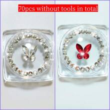 70 piezas Kit de joyería de dientes con piedras de imitación autoadhesivas: gemas de mariposa para dientes, piedras de imitación de fondo plano, diamantes redondos, decoración brillante para dientes, fácil de colocar y quitar, accesorios de cristal, gótica Y2K para Halloween, incluye herramienta y pegamento