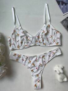 Kawaii Shredded Lingerie Set + Thong + Briefs Underwear - White - View 2