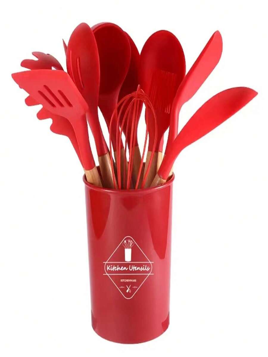 Kitchen Set Kit With 12 Silicone Pieces, Utensils And Cup Holder For Kitchen With Wooden Handle - Đỏ - Xem 1