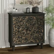 COZAYH Farmhouse 3 Drawer Dresser With Embossed Flower Leaf Motif Front, Distressed Boho Nightstand, Almost Fully Assembled, Rustic, French Country, Weathered White, Natural & White, Black - 門前儲物櫃黑色 - 查看 7