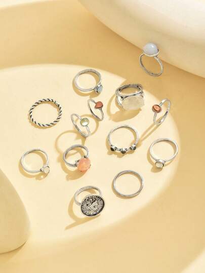 12pcs Baroque Style Resin Portrait Cocktail Ring Set, Creative Jelly Color Rings For Women, Suitable For Daily Wear, Gifts For Friends