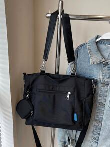 1个大容量帆布手提包，带零钱包，新款韩版学院风中学生背包休闲斜挎单肩包，女士帆布手提包带零钱包，大容量学生手提包，多隔层设计，文艺青年背包，学生手提包，返校包，防水，轻便，可折叠，经典休闲，适合少女、女性、大学生、教师，学校手提包，大学必备，教师礼物