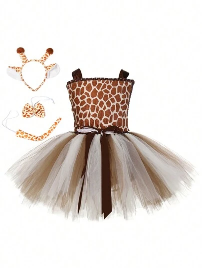 Young Girl 1pc Giraffe Printed Mesh Tutu Dress, Halloween Costume Cosplay Accessories