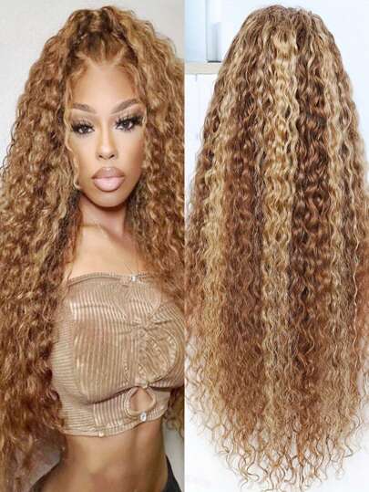 Peluca de encaje frontal de cabello humano con ondas de agua de 13x4, ombré, rizado, rubio miel, con encaje frontal transparente, color P4/27, con bello vello primal