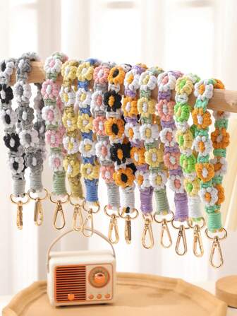 1 件波西米亚手工编织雏菊花钥匙扣和挂绳，免费配色撞色钥匙扣饰物和支架，适合送给母亲、家人、朋友、生日、节日的手机饰物、手机链的礼物