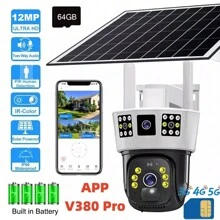 Cámara para exteriores de 12MP, 6K, con ranura para tarjeta SIM 4G, panel solar de 10W a prueba de agua. Cuenta con doble lente, tres pantallas, aplicación inteligente V380PRO. Con clasificación IP66 a prueba de agua y polvo, visión nocturna de alta definición, intercomunicador bidireccional y detección PIR inteligente. - Cámara de ultra alta definición 4G-12MP - Ver 15